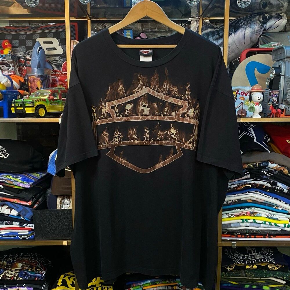 Harley Davidson Rawhide Olathe Tornado Scarecrow Skulls Flames TShirt 2XL Y2K